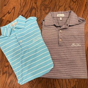 Sea Island embroidered Peter Millar Light Blue and Gray Striped Polo Shirts